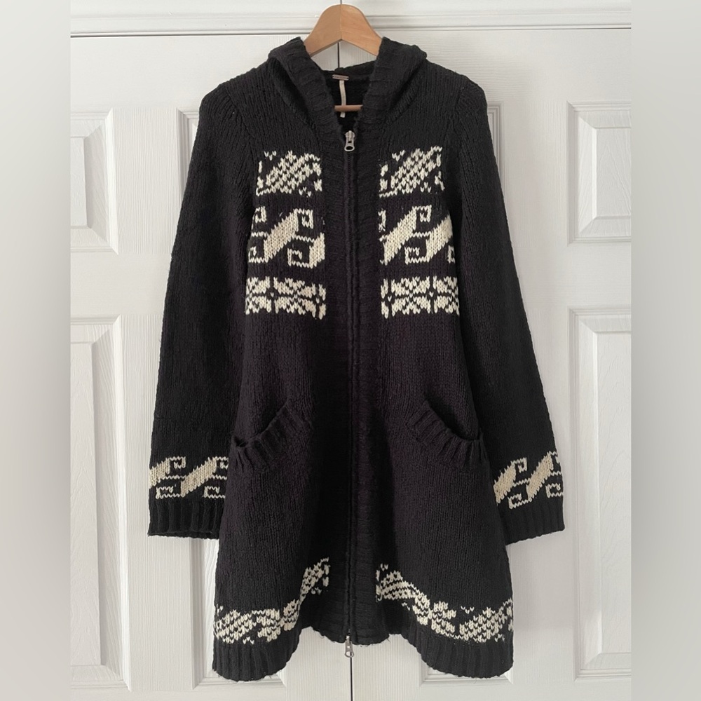 Free People Black and Cream Hooded Cardigan